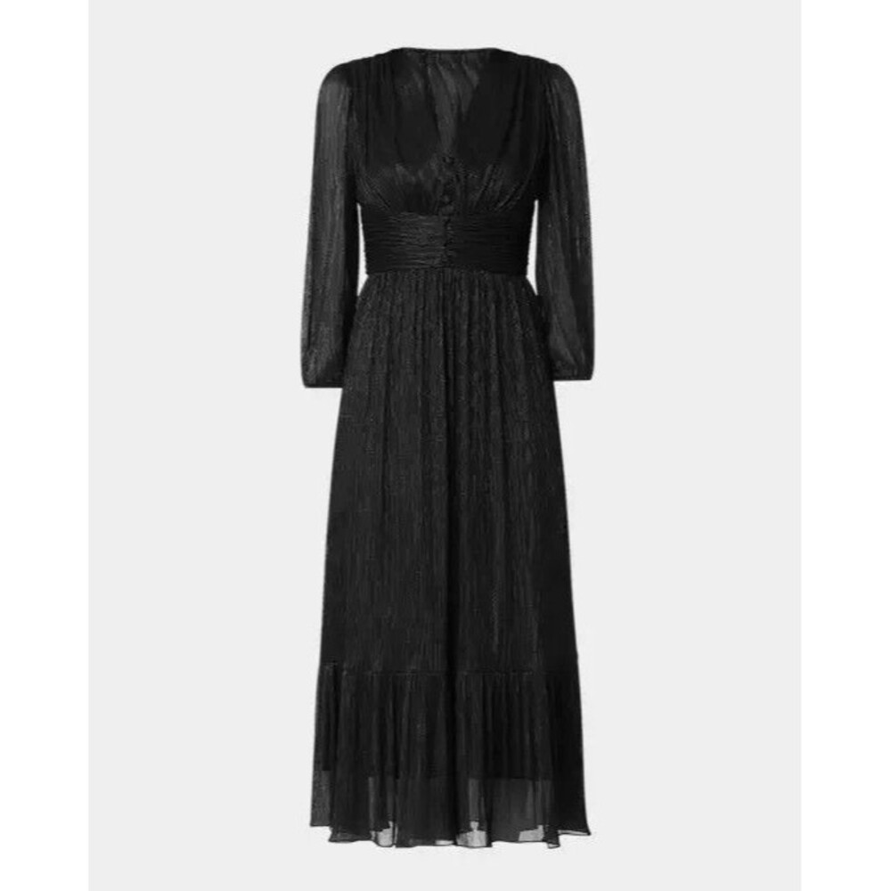 Shoshanna NWT Clara Midi Dress Jet Black Balloon Sleeve V Neck Size 14